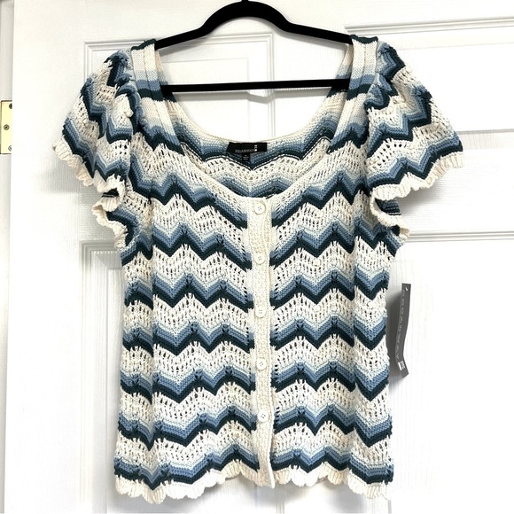 NWT Broadway 38 crochet open knit striped boho button down sweater zigzag XL - Picture 2 of 11
